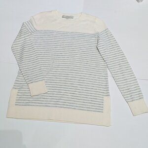 Loft Long Sleeve Cream/White & Light Grey Striped Crew Neck Sweater, Size SP